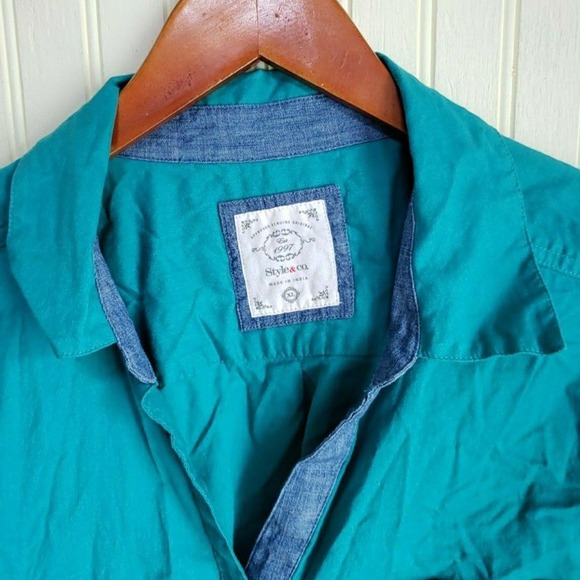 Style & Co. Tops - Style & Co Button Up Shirt Womens XL Green Collared Roll Tab Sleeve Top